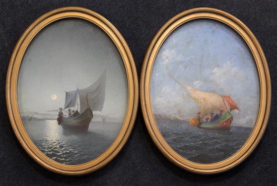 Circle of Girolamo Gianni (1837-1895) Maltese fishing boats at sea by day and night, ovals, 11 x 8in.